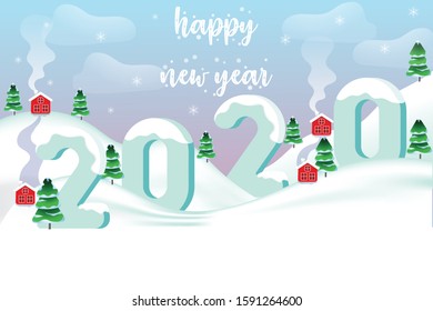 Happy New Year 2020 landscape background with red house and pine tree