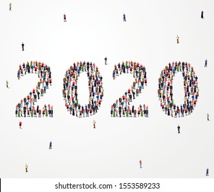 Happy New Year 2020. Large and diverse group of people seen from an aerial perspective, gathered together in the shape of number 2020. Vector illustration