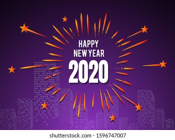 Happy New Year 2020 letter modern style in purple background with building and splashing fireworks for celebrating new year moments Vector illustration