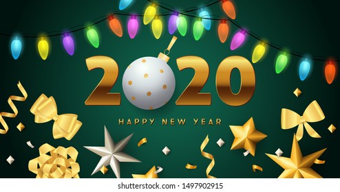 Happy New Year 2020 lettering, lights garlands, golden bows. New Year Day greeting card. Typed text, calligraphy. For leaflets, brochures, invitations, posters or banners.