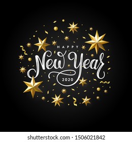 Happy New Year 2020. Lettering Composition With Stars And Sparkles. Holiday Vector Illustration.