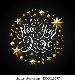 Happy New Year 2020. Lettering Composition With Stars And Sparkles. Holiday Vector Illustration.