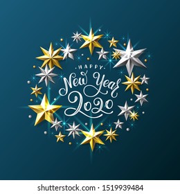 Happy New Year 2020. Lettering Composition With Golden and Silver Stars And Sparkles. Holiday Vector Illustration.