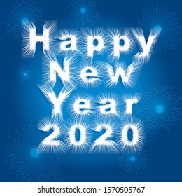 Happy New Year 2020 lettering on blue vector background with sparkles. Greeting card design template. Great for banners, flyers, party posters. Vector illustration