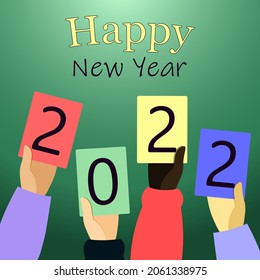 Happy New Year 2020. Lettering Composition With Stars And Sparkles. Holiday Vector Illustration. Multinational hands