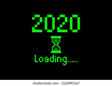 Happy new year 2020 with loading icon pixel art bitmap style. Progress bar almost reaching new year's eve. Green Vector flat design 2020 loading pixel hourglass cursor. Isolated or black background