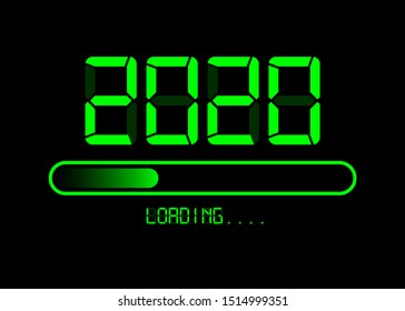 Happy new year 2020 with loading icon in flat green led neon digital time style. Progress bar almost reaching new year's eve. Vector illustration with display 2020 loading isolated or black background