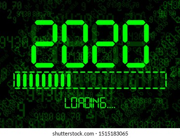 Happy new year 2020 with loading icon in flat green led neon digital time style. Display progress bar almost reaching new year's eve. Isolated on Abstract Binary Computer Code Technology Background