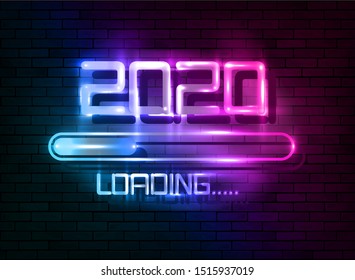 Happy new year 2020 with loading icon colorful blue neon sign style. Progress bar almost reaching new year's eve. Vector illustration with 2020 loading. Isolated or dark light Brick Wall Background