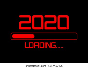 Happy new year 2020 with loading icon flat red neon style. Digital led Progress bar almost reaching new year's eve. Vector illustration with 2020 loading. Isolated or black background
