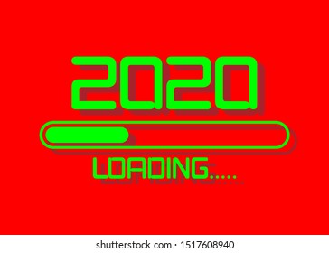 Happy new year 2020 with loading icon flat green neon style. Progress bar almost reaching new year's eve. Vector illustration with 2020 loading. Isolated or red background
