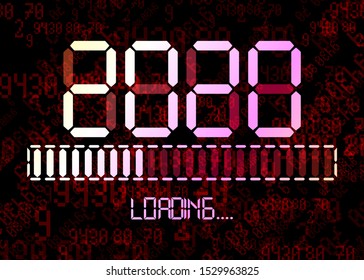 Happy new year 2020 with loading icon in flat colorful led neon digital time style. Display progress bar almost reaching new year's eve. Isolated on Abstract Binary Computer Code Technology Background