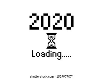 Happy new year 2020 with loading icon pixel art bitmap style. Progress bar almost reaching new year's eve.  Vector flat design 2020 loading pixel hourglass cursor. Isolated or white  background