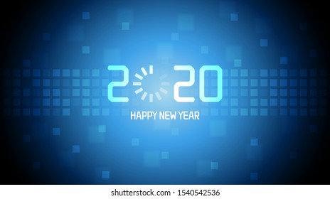 Happy new year 2020 with loading icon on abstract technology and blue color background
