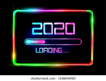 Happy new year 2020 with loading icon blue neon style. Progress bar almost reaching new year's eve. Vector illustration with 2020 loading. Isolated or colourful neon sign frame background