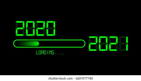 Happy new year 2020 with loading to up 2021. Green led neon digital time style. Progress bar almost reaching new year's eve. Vector illustration with display 2021 loading isolated or black background