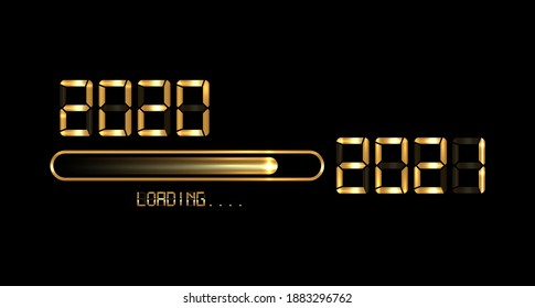 Happy new year 2020 with loading to up 2021. Gold led neon digital time style. Progress bar almost reaching new year's eve. Vector illustration with display 2021 loading isolated or black background