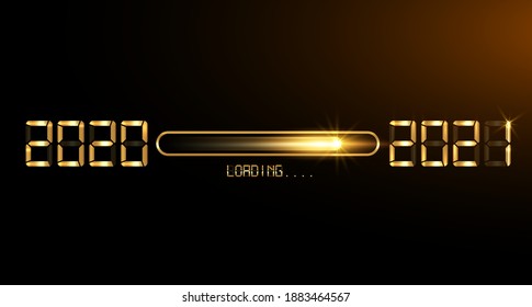 Happy new year 2020 with loading to up 2021. Gold led neon digital time style. Progress bar almost reaching new year's eve. Vector illustration with display 2021 loading isolated or black background