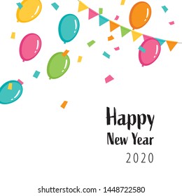 Happy new year 2020 logo with colorful balloons and confetti