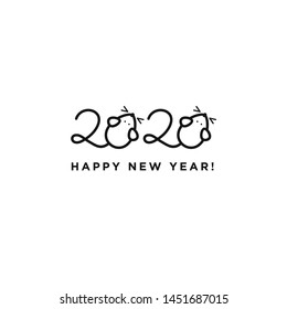 Happy New Year 2020 logo text design. Vector modern minimalistic text with black numbers. Isolated on white background. Concept design. Concept image of symbol chinese silhouette small mouse.