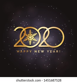 Diseño de texto del logo de Feliz Año Nuevo 2020. Diseño conceptual. Vector moderno ilustración de texto dorado. Inscripción de lujo dorado. Fondo navideño con brillo, estrellas, copos de nieve, nieve.