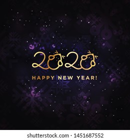 Happy New Year 2020 logo text design. Concept design. Vector modern illustration of gold text. Golden luxury inscription. Christmas background with blur, glare, stars, snowflakes, snow.