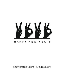 Happy New Year 2020 logo text design. Concept design with fingers. Sign of Victory and sign of OK. Freedom, good, peace, excellent. Best wishes. Unusual modern presentation. Great ides.