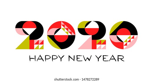 Happy New Year 2020 logo design with multicolored geometric numbers with abstract design elements on white background. Modern vector illustration for printed matter or web design