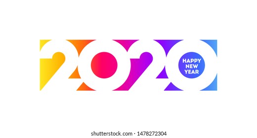 Happy New Year 2020 logo design with white elegant numbers on background of vivid rainbow gradient. Modern vector illustration for business diary cover, calendar, flyer or banner