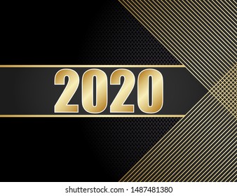 Happy New Year 2020 logo. Abstract pattern diagonal gold line vector. Design stripe gold on black background. Happy New Year 2020 logo text design.