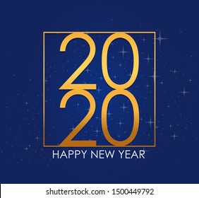 Happy New Year 2020 logo text design. Vector modern illustration of text. Concept design. Blue Christmas background with glare and stars
