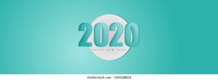 Happy New Year 2020 logo blue text paper effect design. Greeting card with inscription Happy New Year 2020 colour banner in paper style for calendars and christmas invitations. 