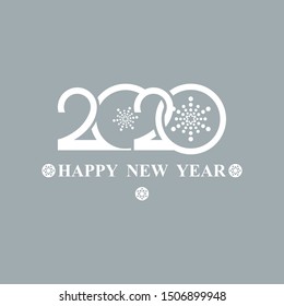 Happy New Year 2020 logo text design. Flat vector template 2020 with wishes. Postcard design template, calendar, brochure, cover, poster, banner. White symbol on a grayish bluish background.
