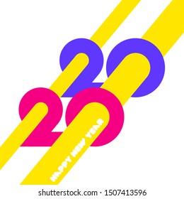 Happy New Year 2020 logo design with colorful geometric numbers and yellow abstract beams on white background. Modern vector illustration for printed matter or web design