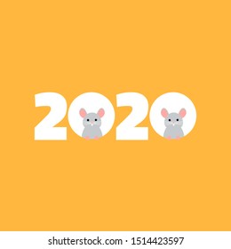 Happy New Year 2020 logo design, with two flat cartoon rats. Vector illustration. Isolated on yellow background. 