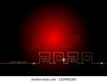 Happy New Year 2020 logo text in line style design, gold neon sign. Cover of business diary for 2020 with wishes. Brochure design template, card, banner. Vector isolated on red and black background 