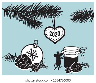 Happy New Year 2020 Logo Vector Template Design Illustration.
Rat, christmas ball and cone