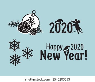 Happy New Year 2020 Logo Vector Template Design Illustration.
Rat, christmas ball and cone