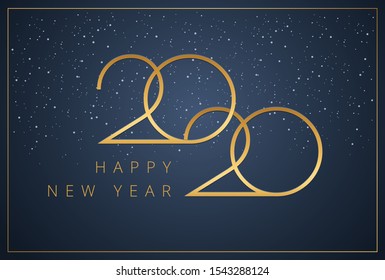 Happy New Year 2020 logo text design. New year minimal graphic for company greeting card, Save the date event or holiday celebration. Vector illustration with golden 2020 typography on blue background