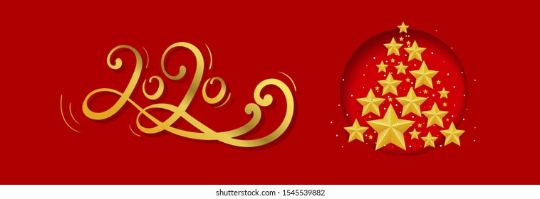 Happy New Year 2020 Logo Text Design. Vector Template Design Illustration for Cover of business diary for 2020 with wishes. with a gold Christmas tree made of stars made of gold foil.