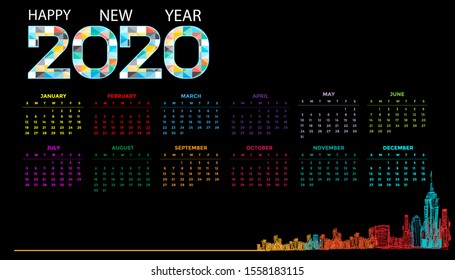 Happy New Year  2020 Logo Text  Colorful Geometry - Calendar Template -  Sketch Building In The City Clip Art-  Background Vector Illustration.