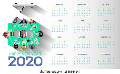 Happy new year  2020 logo text  with Training meeting business thinking brainstorming - calendar template - background Vector illustration.