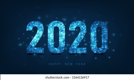 Happy New Year 2020 logo text design. Vector luxury text 2020 on dark blue color background.