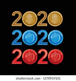 Happy New Year 2020 logo text design vector with dollar coins concept
