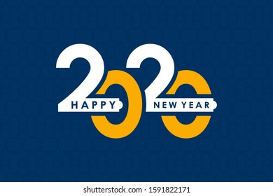 Happy New Year 2020 logo text design. Cover of business diary for 2020 with wishes. Brochure design template, greeting card, banners. Vector illustration. Isolated on blue background.