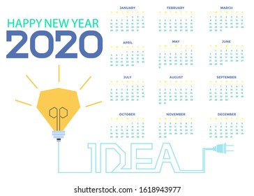 Happy new year  2020 logo text  - calendar template -  Light bulbs and Text  Idea - background Vector illustration.
