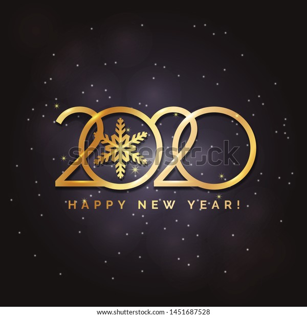 Happy New Year 2020 logo text design. Concept design. Vector modern illustration of gold text. Golden luxury inscription. Christmas background with blur, glare, stars, snowflakes, snow.