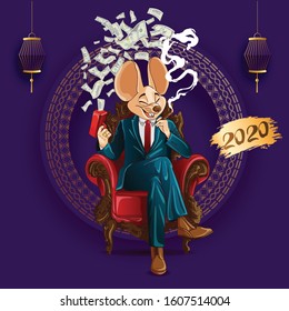 Happy New Year 2020. Lunar New Year. The year of the mouse. Mouse illustration with line color art