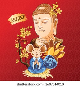 Happy New Year 2020. Lunar New Year. The year of the mouse. Mouse illustration with line color art