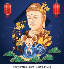Happy New Year 2020. Lunar New Year. The year of the mouse. Mouse illustration with line color art